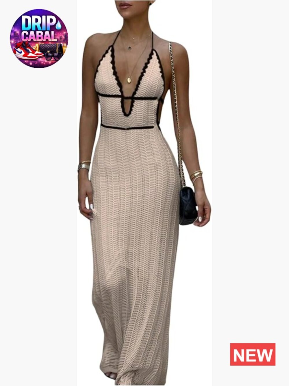 Tie Backless Maxi Halter Dress Deep V Neck Sleeveless Knit